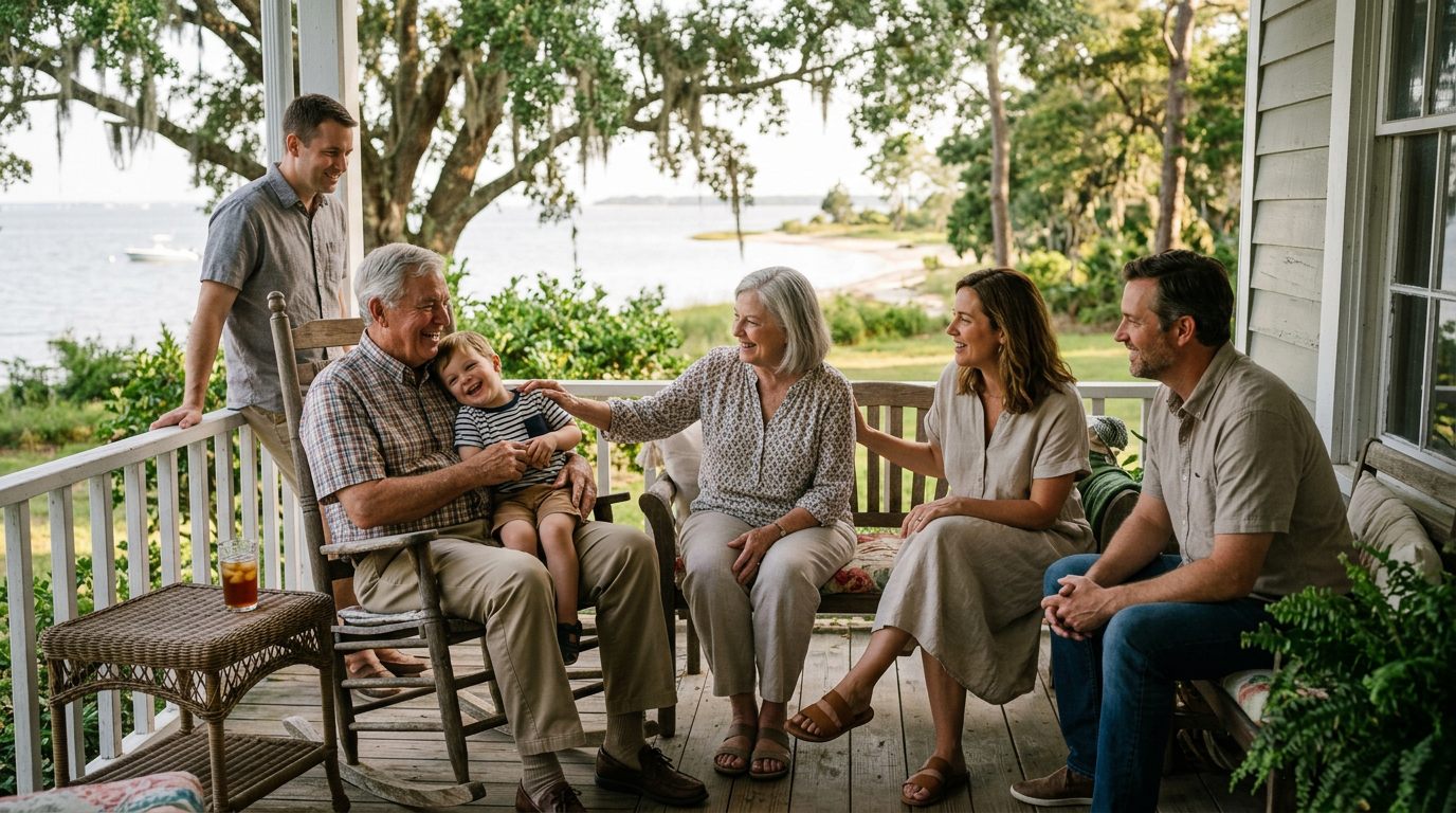 A family of several generations gathered on a porch overlooking the bay in coastal Alabama.
