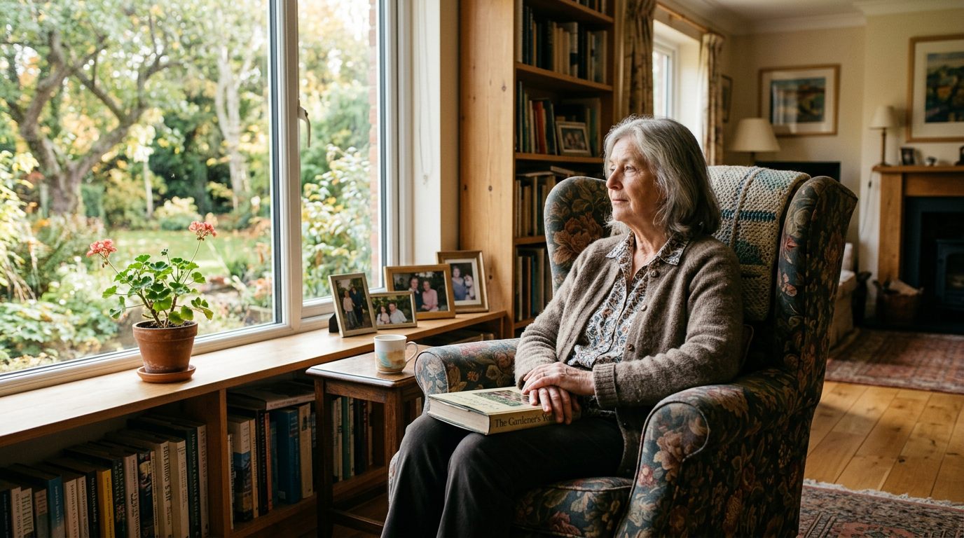 A woman seated in a sunlit armchair, reading by a window.
