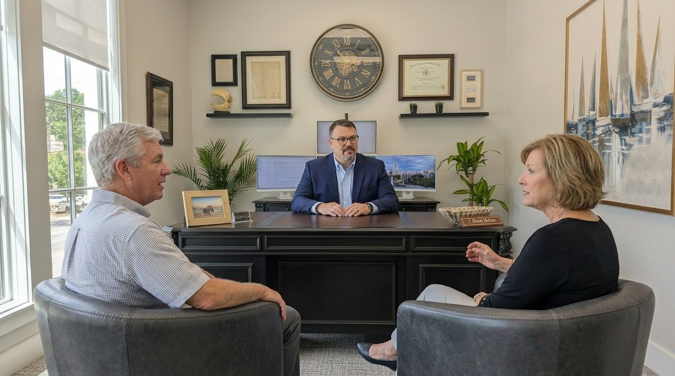 Brent Helms in conversation with a couple at his desk in Fairhope, Alabama.