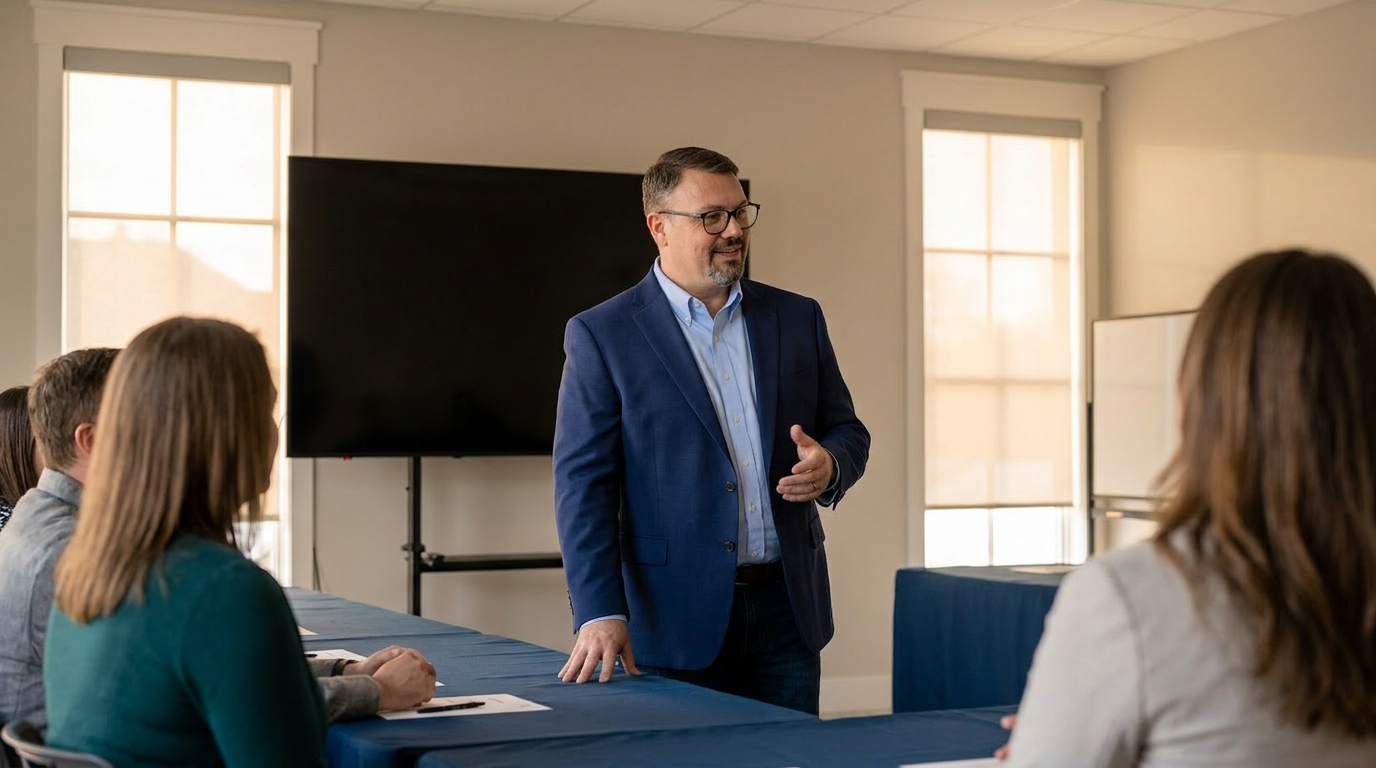 Brent Helms in the middle of a workshop at the Helms Law Group Education Center, speaking with engaged attendees.