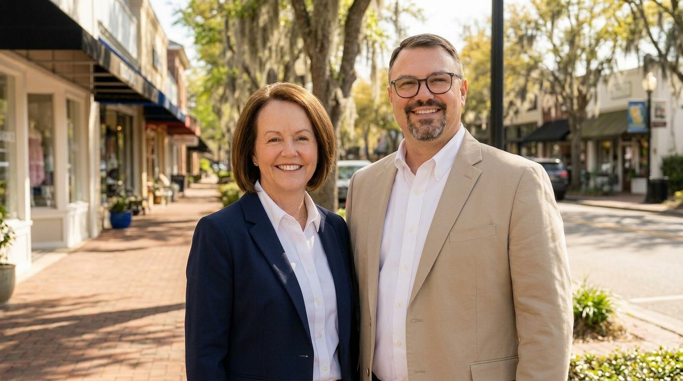 Brent Helms and Paula Andrews on a tree-lined street in downtown Fairhope, Alabama.